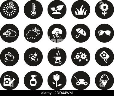 Spring Icons White on Black Flat Design Circle Set Big Illustration de Vecteur