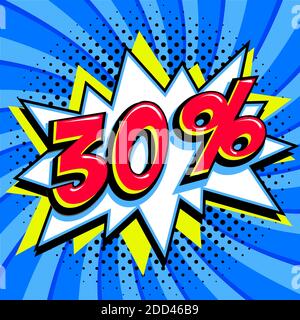 Bannière Web de vente bleue. Bannière promotionnelle de la promotion de la vente de BD pop art. Expérience de vente importante. Solde trente pour cent 30 de rabais sur un style pop-art de Comics Illustration de Vecteur