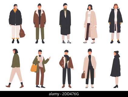 Les gens portent des vêtements d'hiver vecteur jeu d'illustration. Homme de dessin animé femme personnages portant différents vêtements de saison d'hiver, manteau chaud élégant ou costume tendance, jeunes et vieux modèles isolés sur blanc Illustration de Vecteur