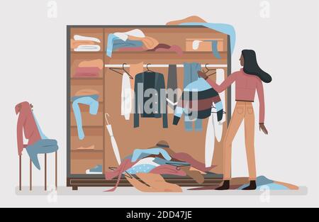 Placard désordonné, dressing intérieur salle à manger illustration vectorielle. Une femme afro-américaine s'inquiétait du désordre dans une garde-robe ouverte, debout à côté d'une pile de vêtements jetés, désordre désordonné. Illustration de Vecteur