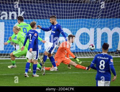 FIROO: 21.11.2020 football: 1ère saison Bundesliga 2020/21 Schalke 04 - VfL Wolfsburg 0: 2 0: 2 but, jubilation de gauche à droite goalschuetze Xaver Schlager, Wout Weghorst, Kilian Ludewig, Matija Nastasic, goalwart Frederik Roennow, Suat Schlager, Wout Weghorst / utilisation de photos de Groföldar / Schalfpoolfke / Schalpoolvia / Schalpoolfra / Schalpoolvia / Schalpoolfra / Schalpoolfra (utilisation Banque D'Images