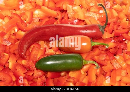 piment rouge entier posé sur fond de piment haché Banque D'Images