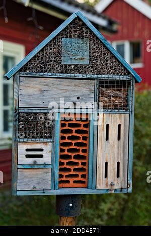 Insecte hôtel en forme de petite maison assise sur un poteau à l'extérieur d'une maison. Banque D'Images