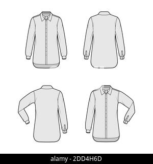 Ensemble de chemises à rayures ascot, illustration technique de la mode avec noeud papillon, coude plié à manches longues, col large, boutonné, standard. Modèle plat à l'avant et à l'arrière de couleur grise. Femmes hommes top maquette CAD Illustration de Vecteur