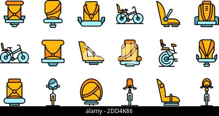 Jeu d'icônes de vélo de siège d'enfant. Ensemble de contours de siège d'enfant symboles vectoriels de vélo ligne fine couleur plate sur blanc Illustration de Vecteur