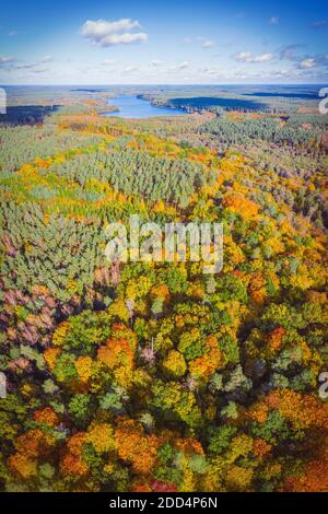 Vue panoramique verticale aérienne de la forêt d'automne et de couleurs vibrantes lac éloigné Banque D'Images
