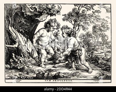 Le bébé Christ et Saint Jean jouant avec l'Agneau, Christoffel Jegher après Rubens, XVIIe siècle, restauré numériquement Banque D'Images