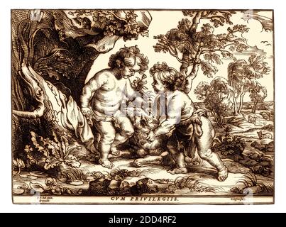 Le bébé Christ et Saint Jean jouant avec l'Agneau, Christoffel Jegher après Rubens, XVIIe siècle, restauré numériquement Banque D'Images