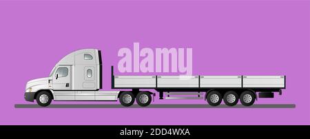 Une image d'un camion américain moderne avec un semi-porteur ouvert. Illustration de dessin au trait de style plat. Vue latérale. Illustration de Vecteur