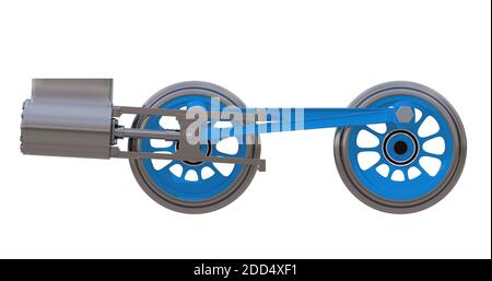 Les roues de la locomotive avec les tiges et le vérin à vapeur sur blanc. Rendu 3D Banque D'Images