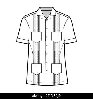 Chemise Guayabera illustration technique de la mode avec manches courtes, nervuré, poches plaquées, coupe relax, empiècement, bouton vers le bas, col ouvert. Avant modèle plat, couleur blanche. Femmes hommes top maquette CAD Illustration de Vecteur