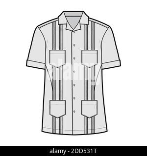 Chemise Guayabera illustration technique de la mode avec manches courtes, nervuré, poches plaquées, coupe relax, empiècement, bouton vers le bas, col ouvert. Avant modèle plat, couleur grise. Femmes hommes top maquette CAD Illustration de Vecteur