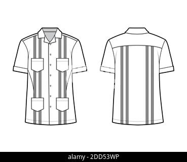 Chemise Guayabera illustration technique de la mode avec manches courtes, nervuré, poches plaquées, coupe relax, empiècement, bouton vers le bas, col ouvert. Avant et arrière du gabarit plat de couleur blanche. Femmes hommes top maquette CAD Illustration de Vecteur