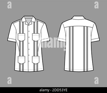 Chemise Guayabera illustration technique de la mode avec manches courtes, nervuré, poches plaquées, coupe relax, empiècement, bouton vers le bas, col ouvert. Avant et arrière du gabarit plat de couleur blanche. Femmes hommes top maquette CAD Illustration de Vecteur