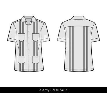 Chemise Guayabera illustration technique de la mode avec manches courtes, nervuré, poches plaquées, coupe relax, empiècement, bouton vers le bas, col ouvert. Modèle plat à l'avant et à l'arrière de couleur grise. Femmes hommes top maquette CAD Illustration de Vecteur