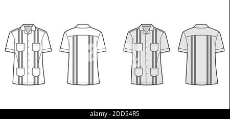 Chemise Guayabera illustration technique de la mode avec manches courtes, nervuré, poches plaquées, coupe relax, empiècement, bouton vers le bas, col ouvert. Avant et arrière du gabarit plat, blanc, gris. Hommes femmes top CAD Illustration de Vecteur