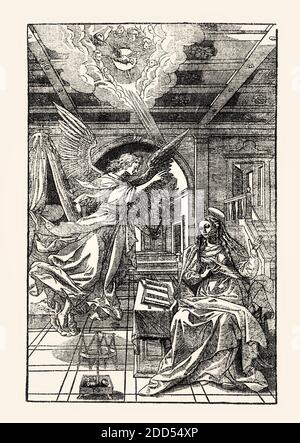 Annonciation à la Sainte Vierge Marie, par Théodore Belbrule, XVIe siècle, restaurée numériquement Banque D'Images