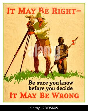 Affiche de propagande du millé20 intitulée « il peut être juste, il peut être faux - soyez sûr que vous savez avant de décider », avec une œuvre d'un homme arpentant avec une théodolite sur un trépied, accompagnée d'un autre homme avec un personnel de mesure. Imprimés à Chicago entre 1923 et 1929, les affiches d'encouragement au travail Mather ont été conçues pour améliorer la productivité des travailleurs et réduire le chiffre d'affaires pendant une période d'expansion économique et d'emplois abondants. De nombreux artistes de Mather ont été fortement influencés par le « Plakatstil », ou le style de l'affiche, rendu célèbre en Allemagne par Lucien Bernhard et Ludwig Hohlwein. Banque D'Images