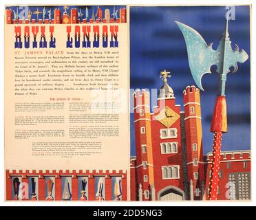 Affiche de voyage vintage des années 1950 pour Royal London St James's Palace, affiche imprimée pour London transport par Waterlow 1953 -par David Lewis avec Chapels Royal, Clarence House, Green Park, Marlborough House, Pall Mall, St. James Street Banque D'Images