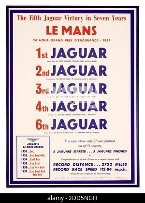 JAGUAR Vintage 1957 le Mans 24 heures course avec Jaguar victoires 1ère à 6ème 'la cinquième victoire Jaguar en sept ans', le Mans, affiche imprimée en Angleterre par B & S Ltd pour Jaguar Cars Limited 1957 - 2732 miles vitesse de course moyenne 113,84 mph Banque D'Images