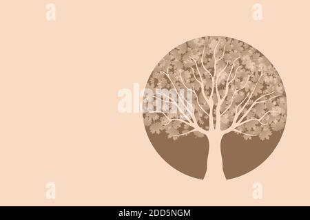 Illustration simple d'un arbre rond en feuille pleine sur fond crème avec espace pour le texte. Banque D'Images