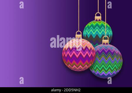 Illustration 3D de boules de noël multicolores à motif zigzag accrochées sur un fond violet avec espace pour le texte. Banque D'Images