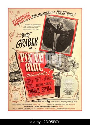 Vintage WW2 1940 affiche de film avec Betty Grable dans 'PIN Up Girl', 1944 aussi avec John Harvey Martha Raye Joe Brown Eugene Pallette Charlie Spivak du 20e siècle Fox studios World War II PIN Up Girl dans Technicolor Banque D'Images