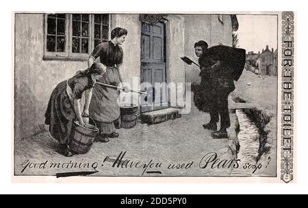 Vintage rétro 1800 poires savon de nettoyage affiche publicitaire le siècle illustré magazine mensuel (1882) POIRES SOAP PUBLICITÉ ' Good Morning avez-vous utilisé Pears savon' Illustration de deux femmes nettoyant l'avant d'une maison avec un balayage de cheminée dans la conversation. Banque D'Images