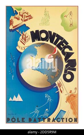 Affiche de voyage MONTE CARLO MONACO PÔLE d'ATTRACTION lithographie en couleurs, 1948, imprimée par Monégasque, Monte-Carlo, design par Louis rue Banque D'Images