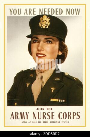 Vintage USA WW2 Nursing Recruitment Poster 'vous êtes nécessaire maintenant' 'Joignez-vous à l'armée Nurse corps'. 1943 affiche de recrutement pour les infirmières de l'armée américaine. Deuxième Guerre mondiale Etats-Unis d'Amérique Banque D'Images