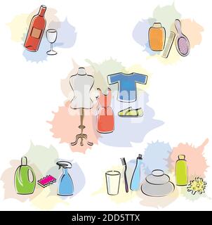 Ensemble de divers articles, icônes Beauté, nettoyage et tissu Illustration de Vecteur