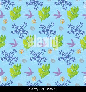 Fleurs, feuillage et oiseaux motif sans couture dans les couleurs vert et bleu Illustration de Vecteur