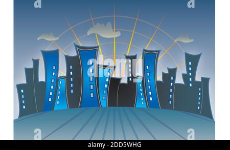 Ville Skyline la nuit avec coucher de soleil - Illustration en bleu Couleurs Illustration de Vecteur