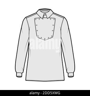 Chemise cavalerie officier technique de mode illustration avec bavoir, manches longues, coupe relax, col classique. Modèle avant plat de style ouest sauvage, blanc. Femmes hommes top maquette CAD Illustration de Vecteur