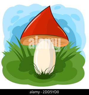 Champignon sur fond de prairies et de ciel. Style dessin animé plat. Décor. Isolé sur blanc. Un beau champignon forestier. Banque D'Images