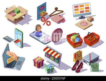 Achats en ligne, boutique Internet Isométrique collection d'icônes avec des marchandises, achats, nourriture, cadeaux, paniers, paquets, vêtements et chaussures ecommerce magasins Illustration de Vecteur