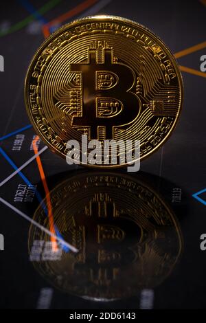 Gros plan sur le graphique de la valeur de la pièce de monnaie Crypto Bitcoin d'or Banque D'Images
