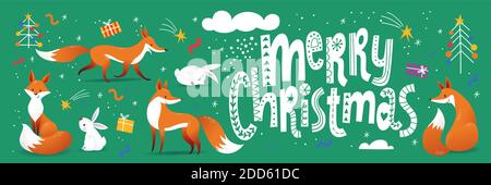 Affiche de Noël joyeuse en forme de doodle scandinave avec des renards mignons. Illustration de Vecteur