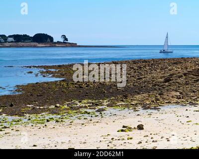 Bateau à voile à l'embouchure de l'Odet sur la côte du Finistère près de Benodet et Saint-Marine en Bretagne Nord-Ouest de la France. Banque D'Images