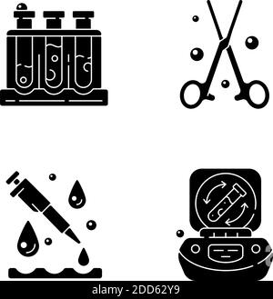 Les icônes de glyphe noires des instruments de laboratoire sont placées dans un espace blanc Illustration de Vecteur