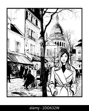 Paris, femme marchant à Montmartre - illustration vectorielle Illustration de Vecteur