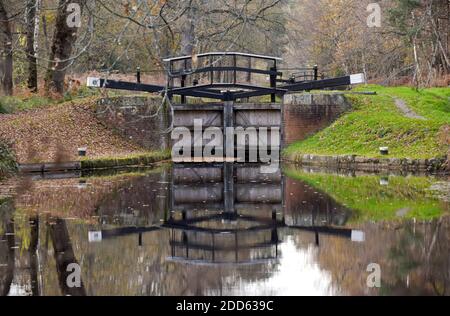 Réflexions d'automne sur une belle journée le long de la belle Basingstoke Canal entre Deepcut et Pirbright Banque D'Images