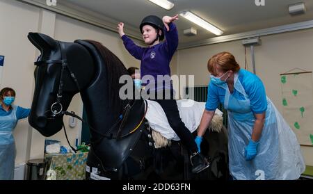 East Lothian, Écosse, Royaume-Uni, NHS Lothian & Muirfield Riding Therapy célèbre 10 ans d'hippothérapie : la physiothérapeute Heather Falconer a été la première à proposer le Children's Therapeutic Riding Service (service d'équitation thérapeutique pour les enfants) en offrant gratuitement de l'équitation thérapeutique aux enfants, aux jeunes et aux adultes handicapés. Le service a été le premier en Écosse pour les enfants ayant des problèmes de mobilité, d'équilibre, de tonus musculaire et de coordination. Oreo, un cheval mécanique, permet aux jeunes d'avoir de la physiothérapie amusante. Kyle Clark, âgé de 8 ans, fait le tour du simulateur de cheval mécanique de Racewood Banque D'Images