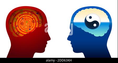 Comparaison de la confusion et de l'harmonie, avec un cerveau confus, troublé, troublé, adduled, chaotique et désordonné et un cerveau avec un symbole Yin Yang. Banque D'Images