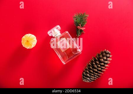 Une bouteille de parfum parmi le décor de branches d'arbre de Noël, mandarine et cônes sur un fond rouge Banque D'Images