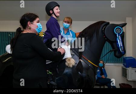 East Lothian, Écosse, Royaume-Uni, NHS Lothian & Muirfield Riding Therapy célèbre 10 ans d'hippothérapie : la physiothérapeute Heather Falconer a été la première à proposer le Children's Therapeutic Riding Service (service d'équitation thérapeutique pour les enfants) en offrant gratuitement de l'équitation thérapeutique aux enfants, aux jeunes et aux adultes handicapés. Le service a été le premier en Écosse pour les enfants ayant des problèmes de mobilité, d'équilibre, de tonus musculaire et de coordination. Oreo, un cheval mécanique, permet aux jeunes d'avoir de la physiothérapie amusante. Kyle Clark, âgé de 8 ans, fait le tour du simulateur de cheval mécanique de Racewood Banque D'Images