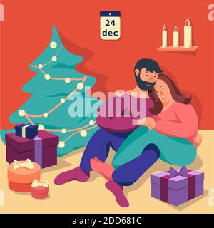 Un homme et une femme sont assis près du sol à l'arbre de noël Illustration de Vecteur