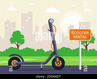 location sur la rue d'un scooter électrique. activités de plein air. panneau d'arenade. illustration vectorielle plate Illustration de Vecteur