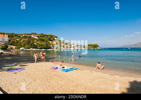 Photo de la plage de Kolocep sur l'île de Kolocep (Kalamota), îles Elaphites, côte dalmate, Croatie Banque D'Images