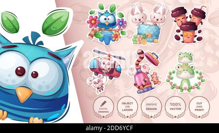 Ensemble mignon animal dessin animé autocollant. Vecteur eps 10 Illustration de Vecteur